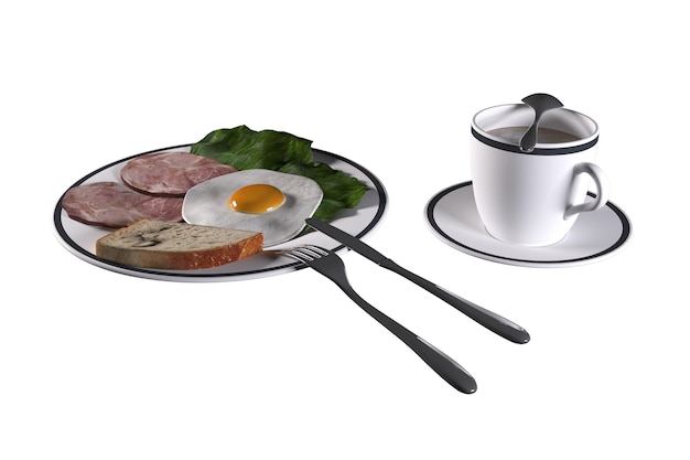 Un plato con huevos fritos pan de carne cortada y lechuga con una cuchara y un tenedor Junto a él hay una taza de porcelana blanca imagen de renderización 3D