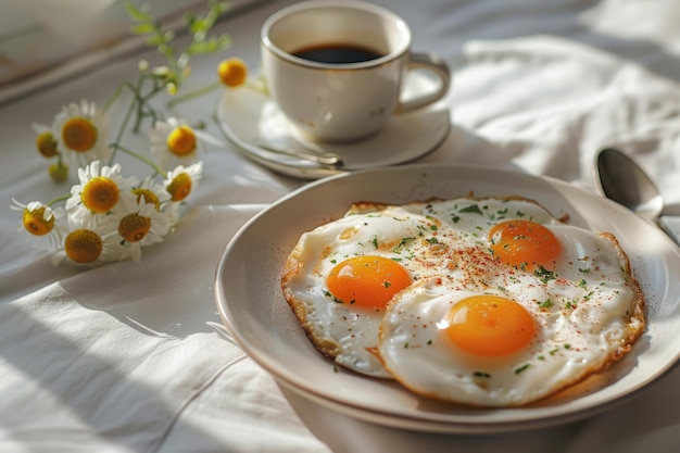 Plato de huevos fritos y una taza de café IA generativa