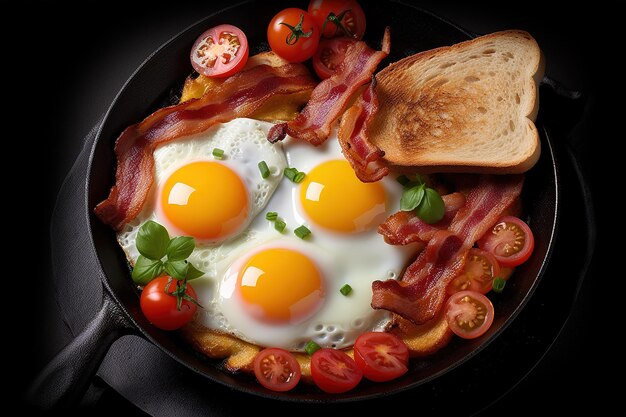 Foto plato de huevos fritos tocino y tostadas