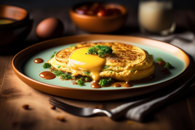 Un plato de huevos con un huevo frito encima