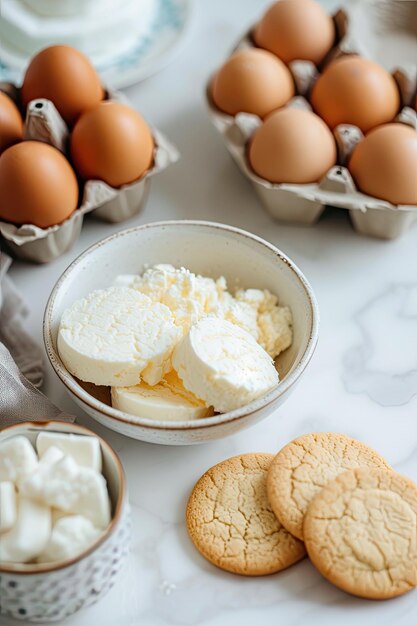 Foto un plato de huevos huevos y otros artículos están en una mesa