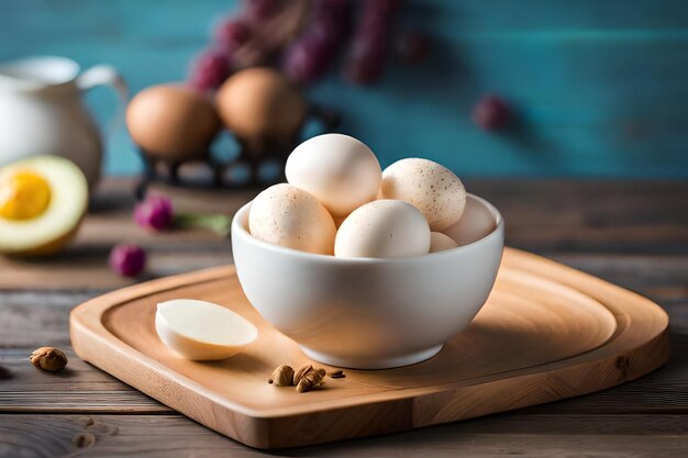 un plato de huevos con huevos en una tabla de madera