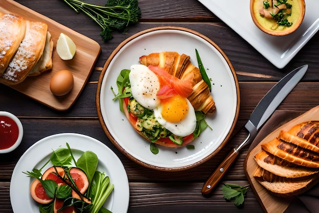 un plato de huevos, huevos y verduras sobre una mesa de madera.