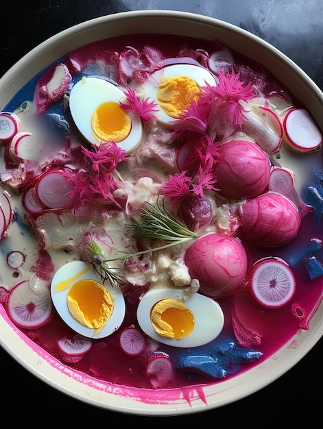 Foto un plato de huevos con la palabra yogur en él