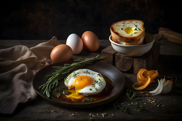 Un plato de huevos con pan en la mesa