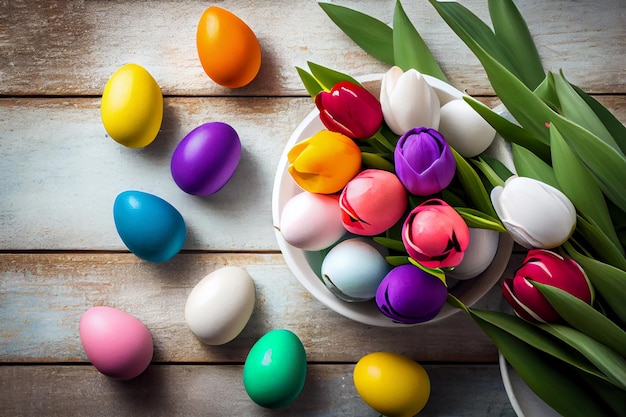 Plato con huevos de Pascua y flores de tulipán sobre fondo de madera clara Generado por IA