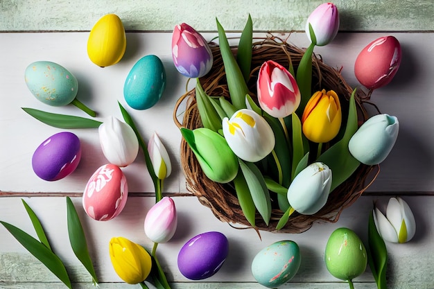 Plato con huevos de Pascua y flores de tulipán sobre fondo de madera clara Generado por IA