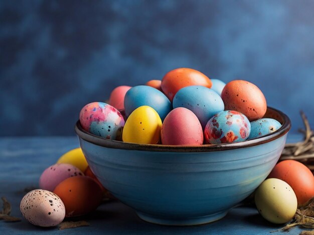 un plato de huevos de Pascua en un fondo azul