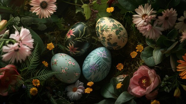 Plato con huevos de Pascua en fondo oscuro