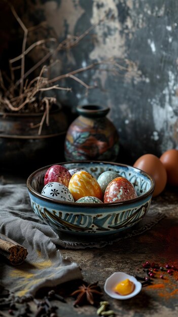 Plato con huevos de Pascua en fondo oscuro