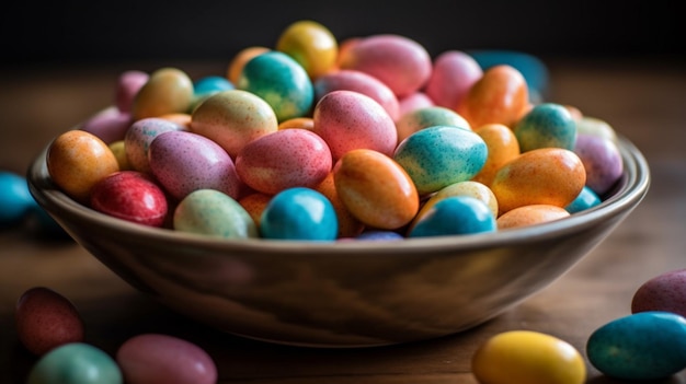 Un plato de huevos de pascua en una mesa