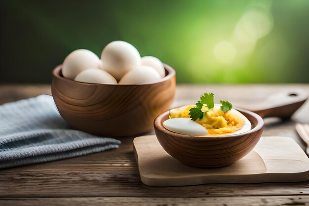 un plato de huevos con un plato de mostaza y perejil.