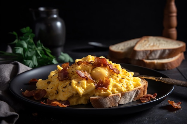 Un plato de huevos revueltos con tocino encima de un plato con tostadas y una botella de agua detrás.