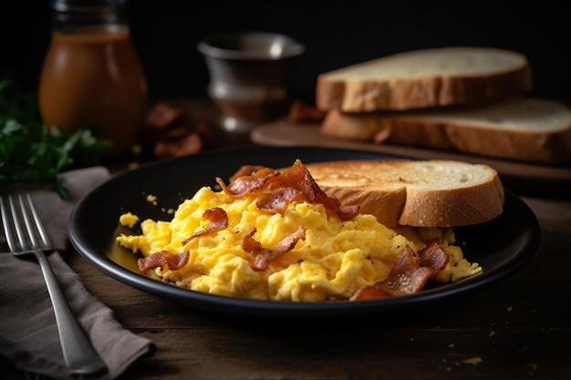 Un plato de huevos revueltos con tostadas y tocino al lado.