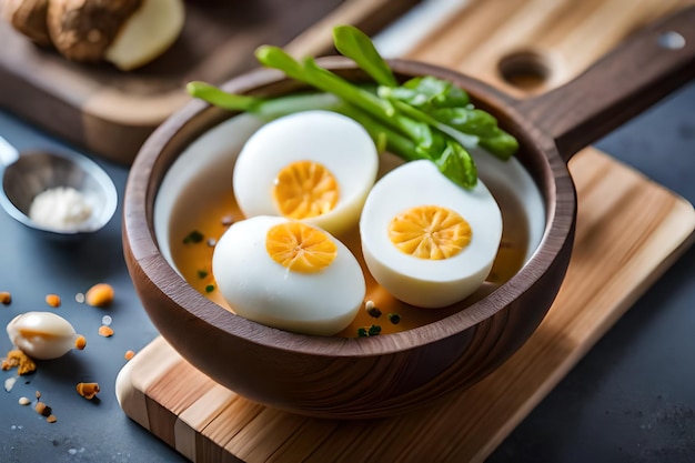 un plato de huevos con una rodaja de naranja y una tabla de cortar de madera