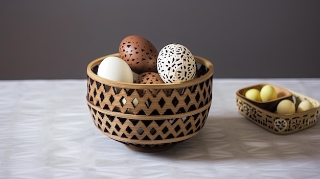 Un plato de huevos sobre una mesa con un mantel blanco.