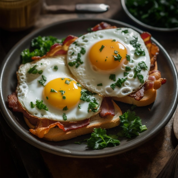 Un plato de huevos con tocino encima