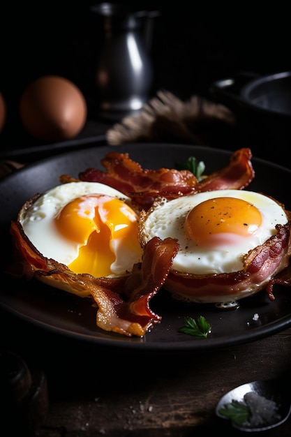 Un plato de huevos con tocino y huevos