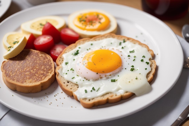 Un plato de huevos con tomates y pan encima.