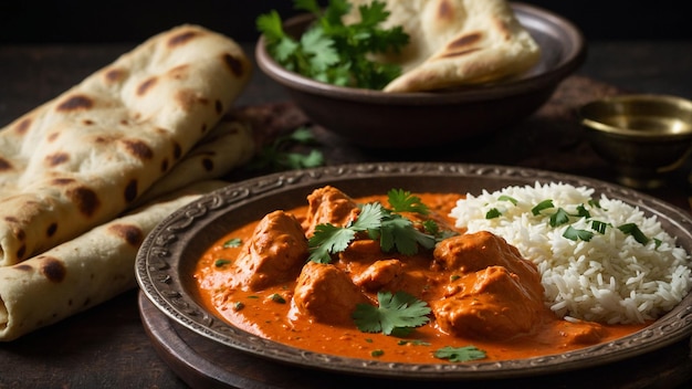 Un plato humeante de pollo con mantequilla adornado con hojas frescas de cilantro servido junto a la pelusa cálida