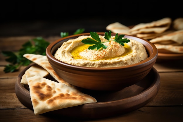 Un plato de hummus cremoso con pan de pita fresco