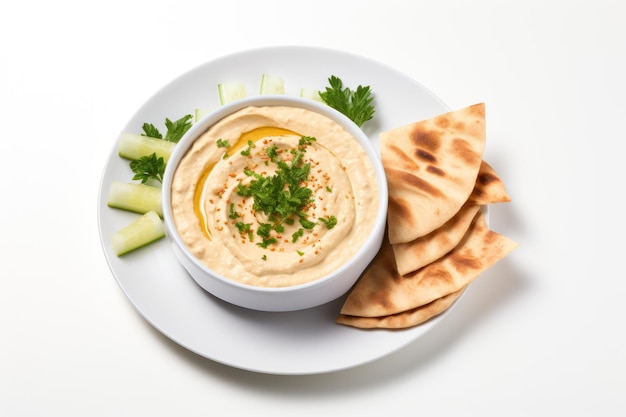 Plato de hummus libanés sobre un fondo blanco