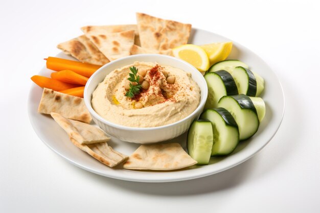 Plato de hummus libanés sobre fondo blanco