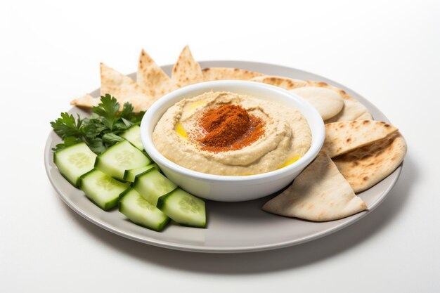 Plato de hummus libanés sobre fondo blanco.