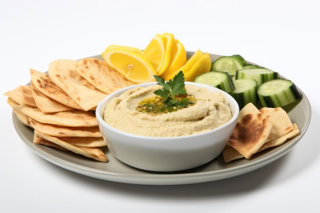 Plato de hummus libanés sobre fondo blanco.