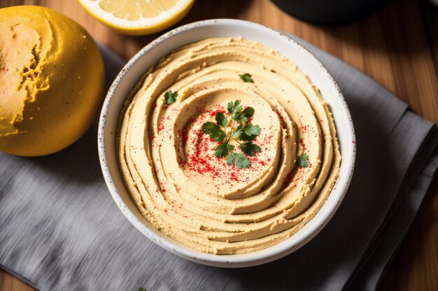 Un plato de hummus con una ramita de perejil encima.