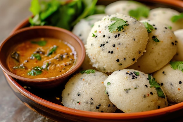 Un plato de idli un pastel salado hecho al vapor de una masa que consiste en lentejas negras fermentadas y arroz Es un alimento básico en la cocina del sur de la India