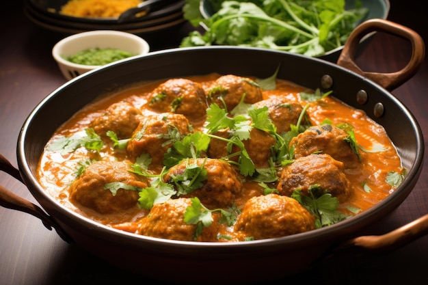 Plato indio de Kofta Curry servido en un tazón o enfoque selectivo karahi