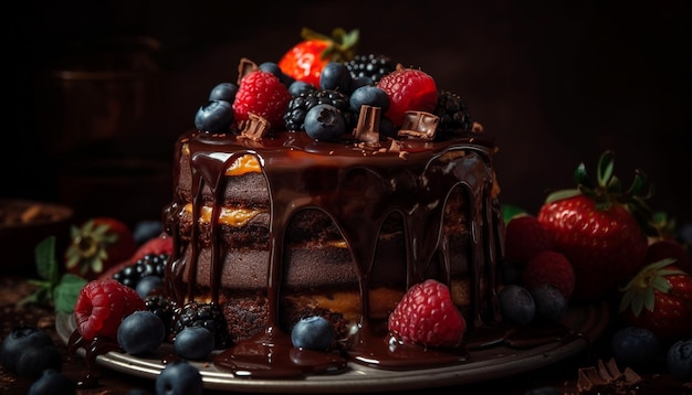 Plato de indulgente postre casero de tarta de queso con bayas generado por IA