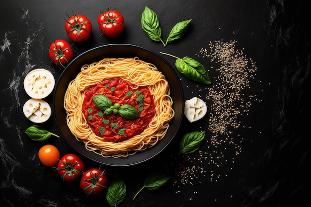 Plato italiano para deliciosos fideos de espagueti con salsa de tomate, verduras y especias servidos en un tazón negro sobre una mesa con un fondo negro con espacio para copiar la vista superior