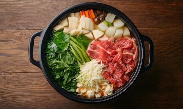 Plato japonés de shabushabu con setas de carne de res y varias verduras