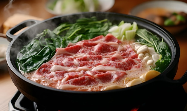 Plato japonés de shabushabu con setas de carne de res y varias verduras