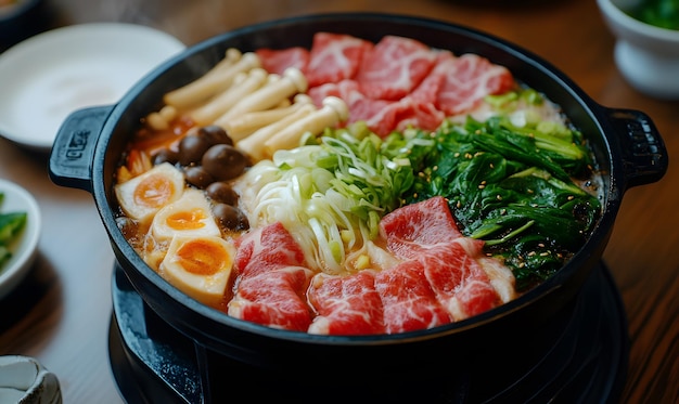 Plato japonés de shabushabu con setas de carne de res y varias verduras