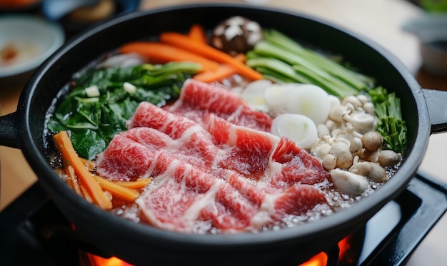 Plato japonés de shabushabu con setas de carne de res y varias verduras