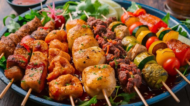 Plato de kebab con pollo tikka lula y kebabs de verduras