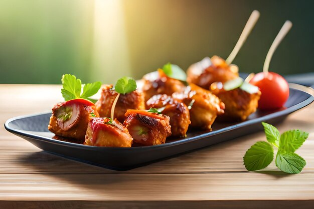 Un plato de kebabs con un palillo en una mesa de madera