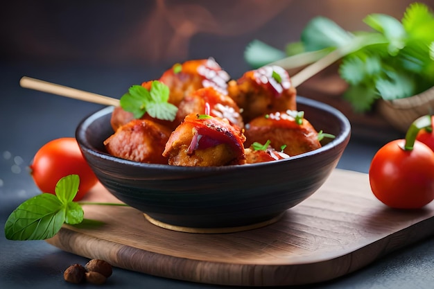 Un plato de kebabs con un tomate al lado.