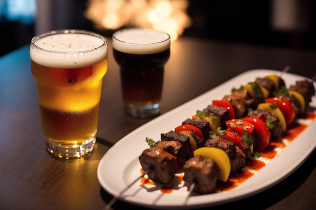 Un plato de kebabs con un vaso de cerveza al lado.