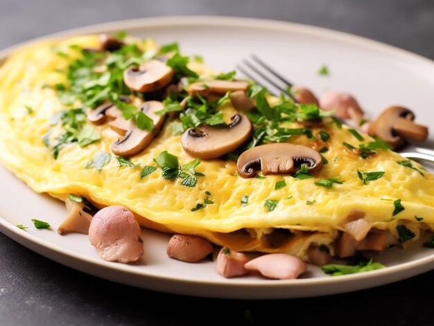 plato con Keto Desayuno tortilla con setas y jamón en la parte superior con pedazos de perejil picado