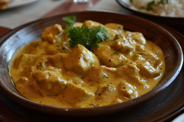 Un plato de korma un plato de curry suave hecho con crema de yogur y especias Se puede hacer con carne o verduras