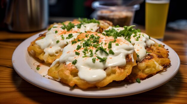 Un plato de lAngos, una comida callejera húngara que consiste en pan plano frito y cubierto de ajo