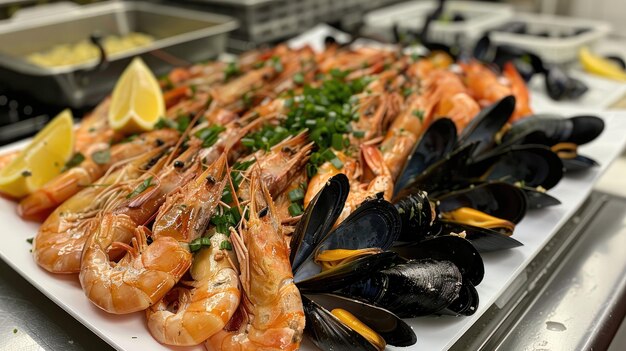 un plato de langostas con cuñas de limón en él