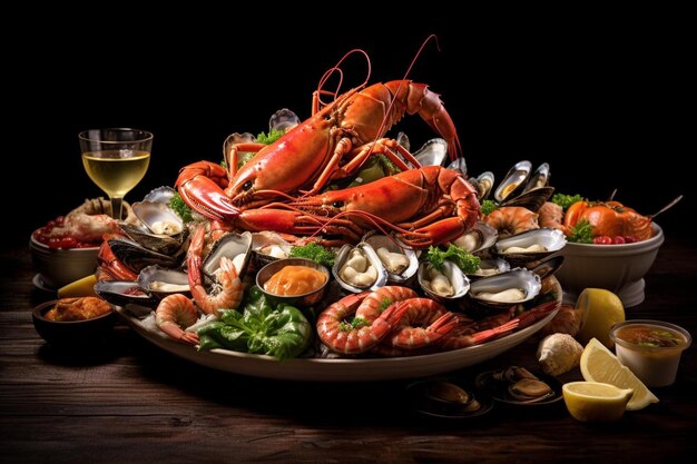 Un plato de langostas y ostras con una copa de vino sobre una mesa.