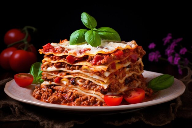 Plato de lasagna bolognese receta tradicional con salsa de tomate queso y carne