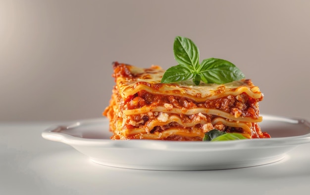 Un plato de lasagna en el fondo blanco foto de comida de publicidad profesional ai generada