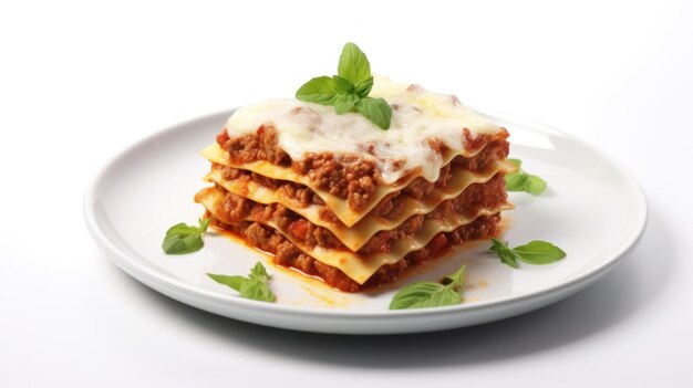 Plato de lasagna con salsa bolognese sobre un fondo blanco